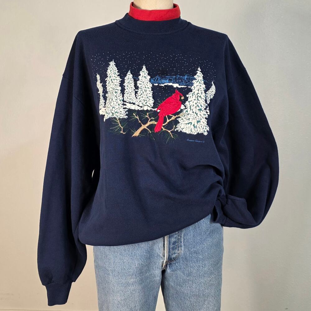 Vintage Winter Cardinal Bird Snowy Trees Crewneck Turtleneck Sweatshirt 
Large